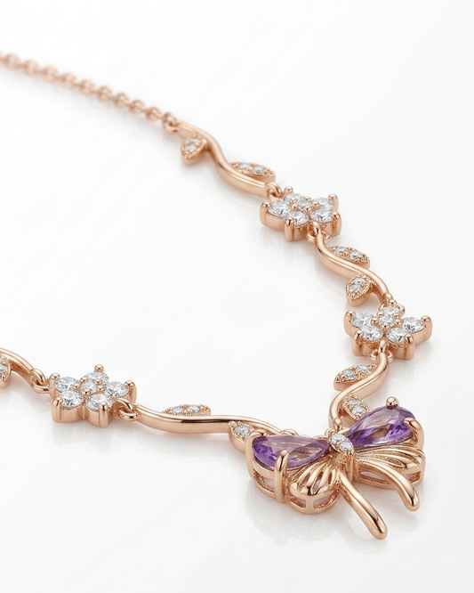 Enchanted Butterfly Rose Gold Vine Necklace – Dainty Amethyst Crystal Jewelry