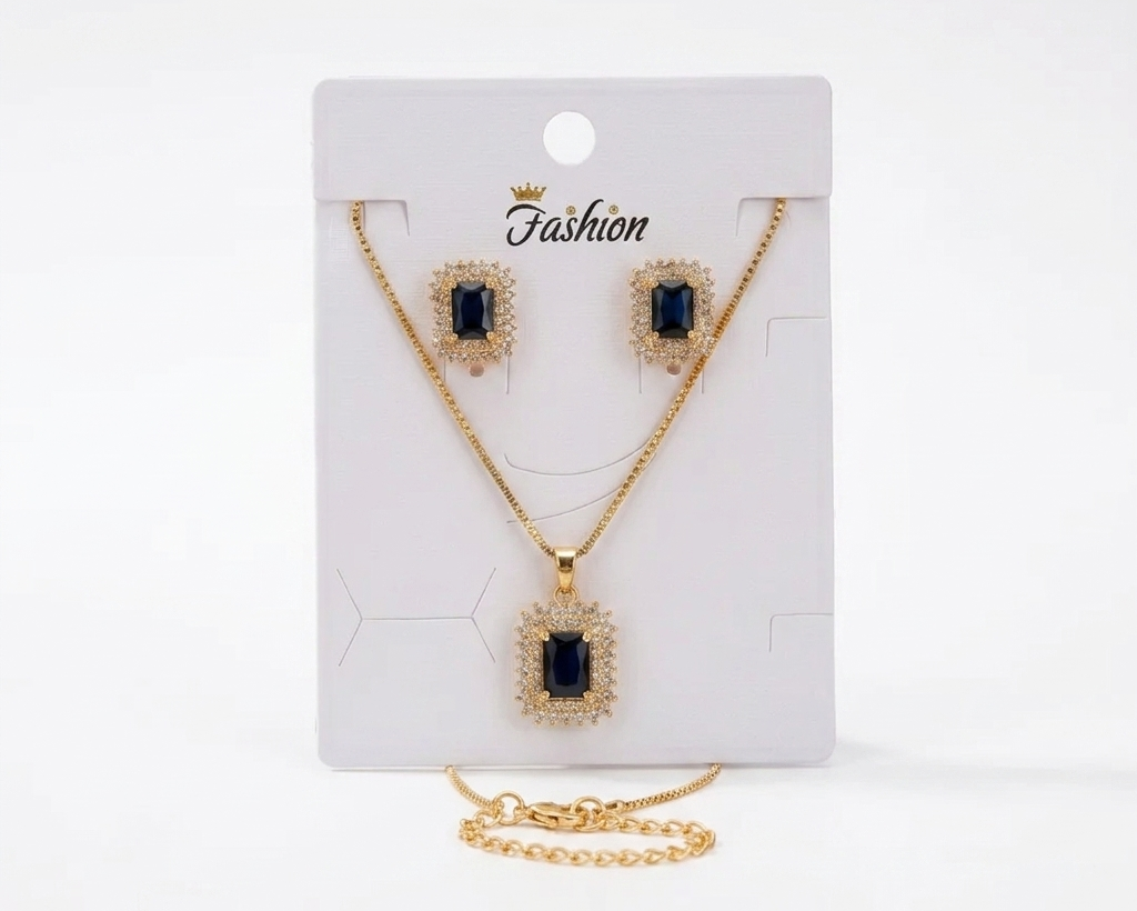 Royal Emerald-Cut Sapphire Blue Jewelry Set – Gold-Plated Necklace & Stud Earrings
