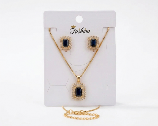 Royal Emerald-Cut Sapphire Blue Jewelry Set – Gold-Plated Necklace & Stud Earrings