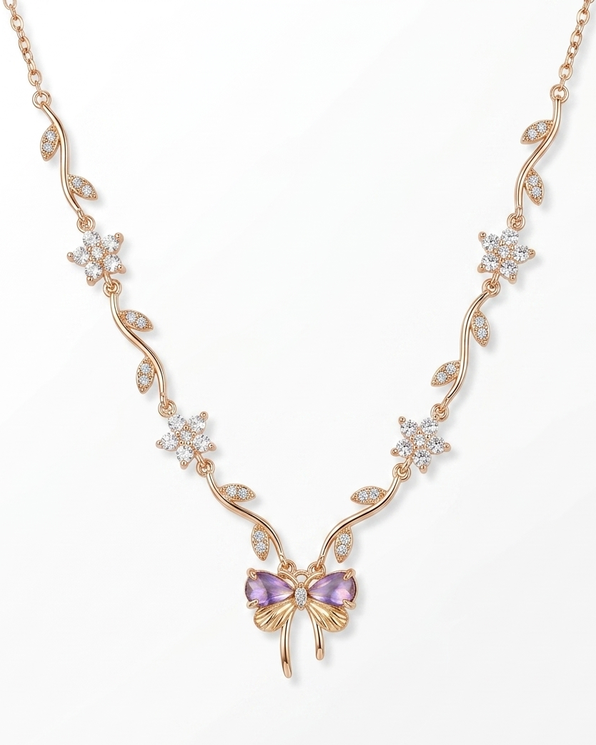 Enchanted Butterfly Rose Gold Vine Necklace – Dainty Amethyst Crystal Jewelry