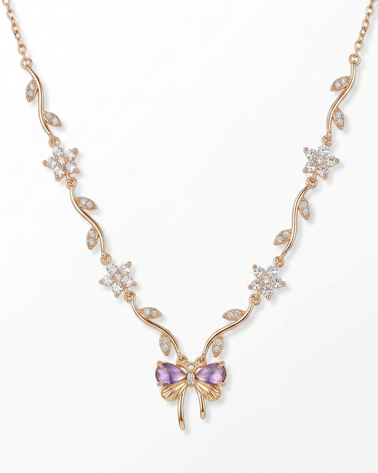 Enchanted Butterfly Rose Gold Vine Necklace – Dainty Amethyst Crystal Jewelry