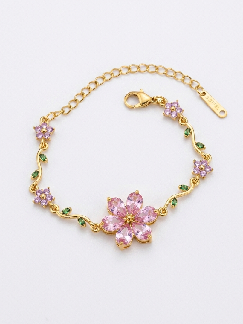 Pink Crystal Flower Gold-Plated Vine Bracelet – Dainty Floral Jewelry for Her