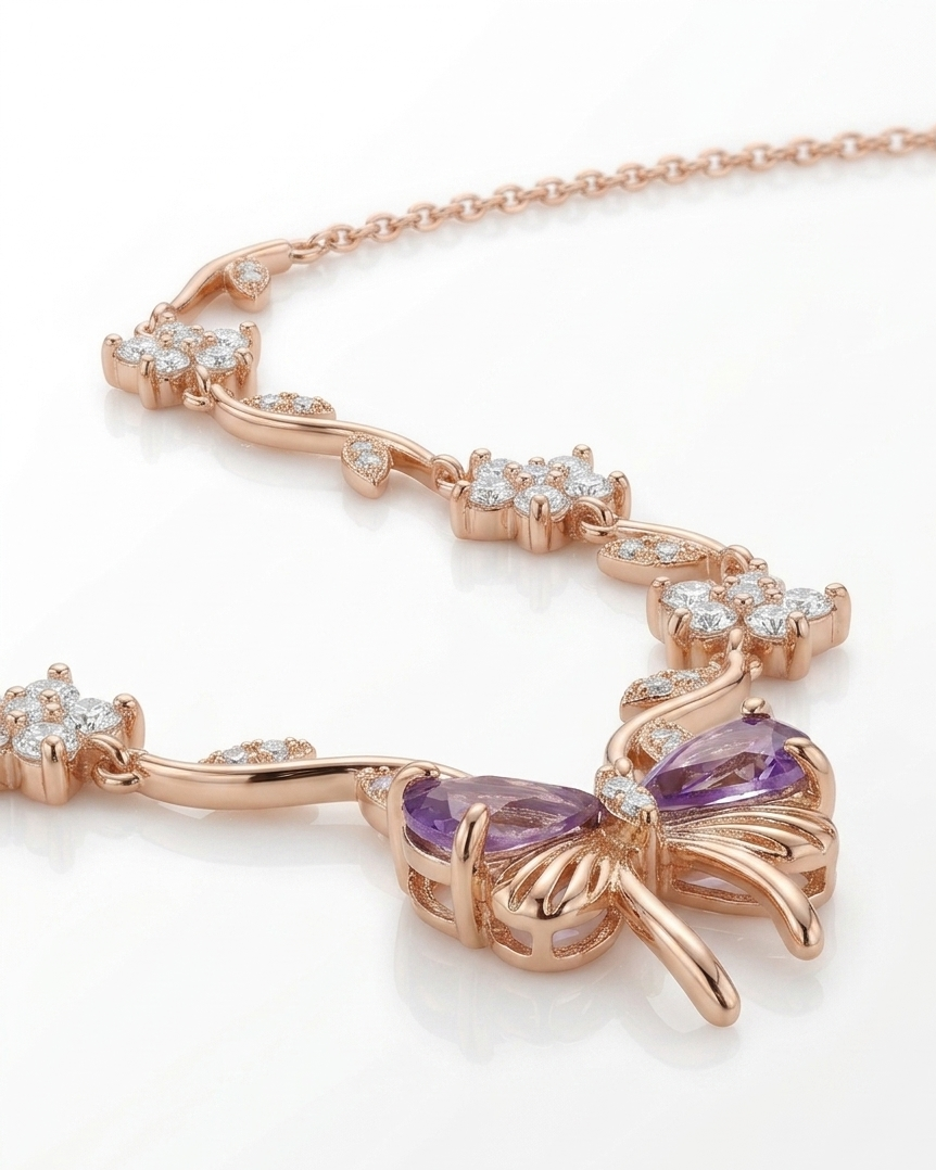 Enchanted Butterfly Rose Gold Vine Necklace – Dainty Amethyst Crystal Jewelry